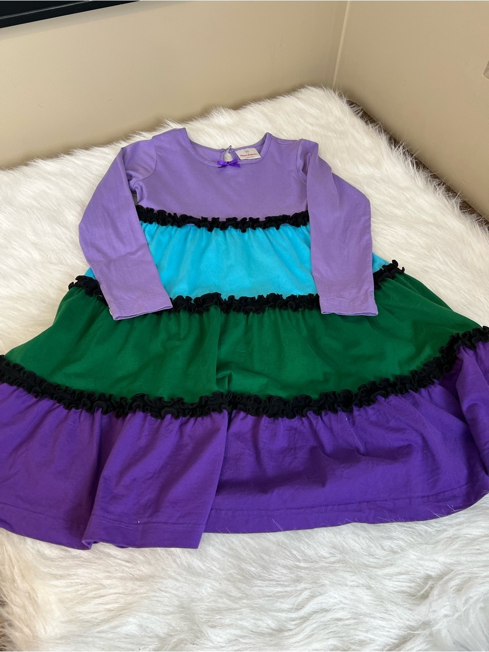 Hanna Andersson Girls Colorblock Ruffle Long Sleeve Dress - Purple, Teal, Green - Picture 4 of 12